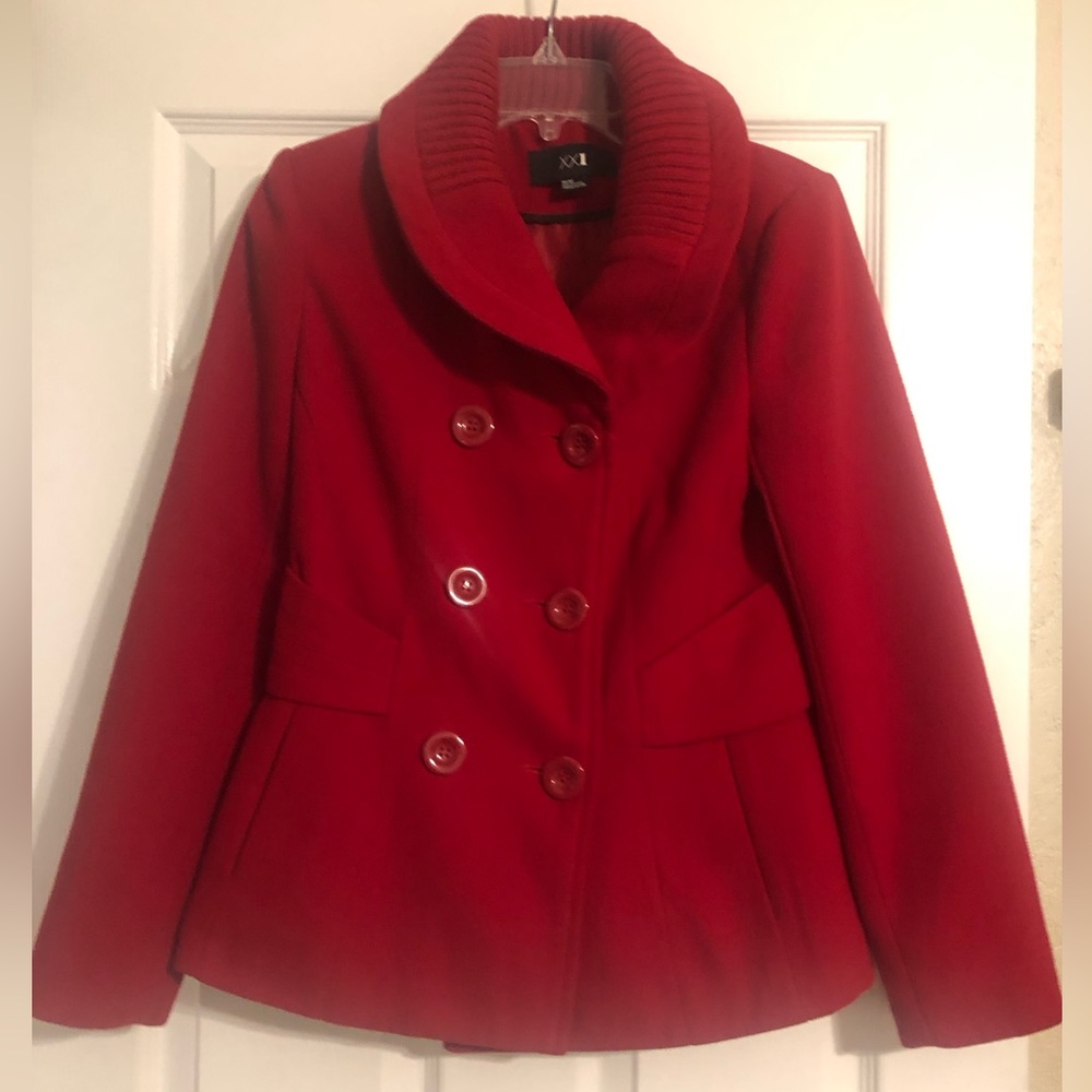 XXI Twenty One - Red Pea Coat in Excellent Condition- measurements in comments.